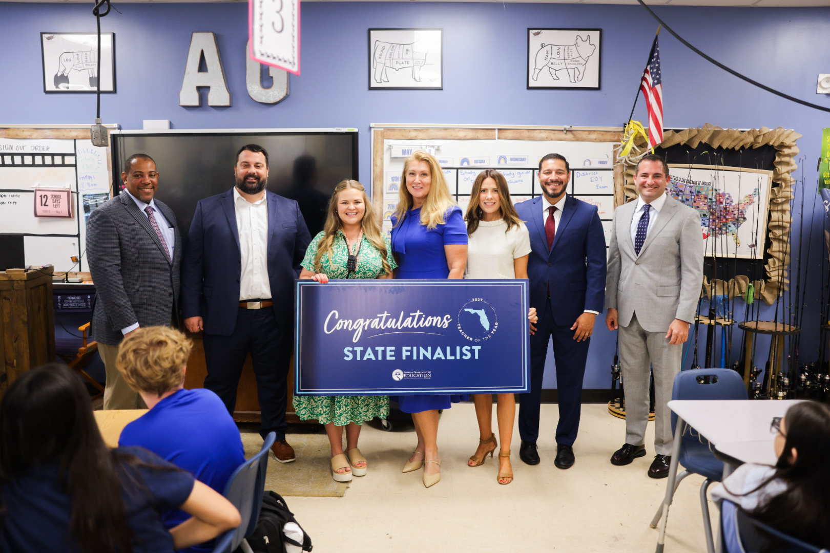 Senior Chancellor Paul Burns, Thomas Dunham, Principal of Harmony Middle School, Kyndall Brown, 2027 Florida Teacher of the Year Finalist, Paula Bronson, Vice Chair of Osceola County School Board, Heather Kahoun, Chair of Osceola County School Board, Commissioner Anastasios Kamoutsas, Superintendent Mark Shanoff