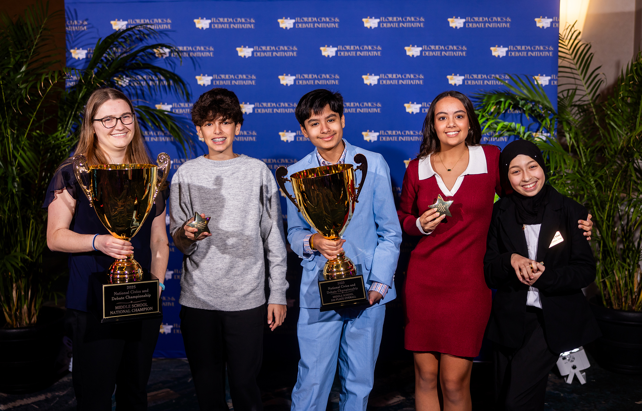 Top Five Middle School Overall (Aryana Sahai - 1st - Coach standing in, Nathan Moronta - 5th, Armaan Seth - 2nd, Lara Castineyra - 3rd, Sara Khial - 4th)