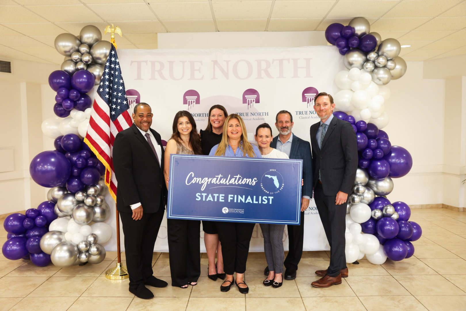 Senior Chancellor Paul Burns, Belkys Rubio, Dean of Curriculum, Chereen Coile, Head of Schools at Dadeland Campus, Nicole Leon, 2027 Florida Teacher of the Year Finalist, Jeanine Finlay, Head of Schools, Founder and President Mike Bileca, Executive Director Paul Powell.